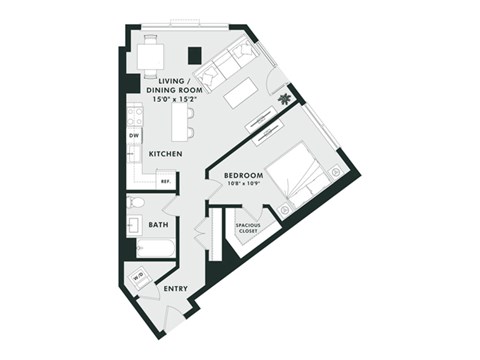 Floor plan for 1 bed, 1 bath, 791 sqft